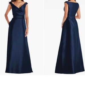NEW ALFRED SUNG Midnight Blue Off the Shoulder Satin Gown Dress Size 14